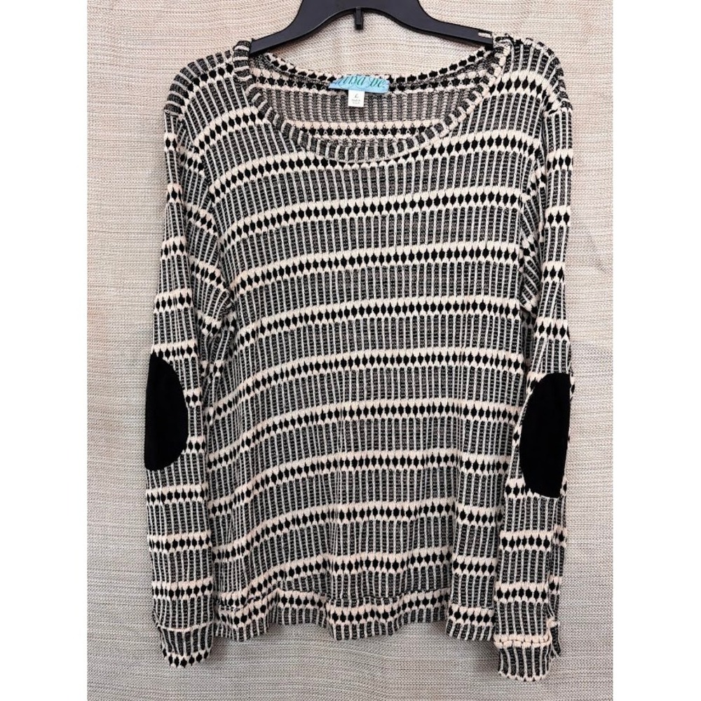 Aina Be Womens Black Cream Geometric Knit Top Elbow Patches Size L Made in USA‎